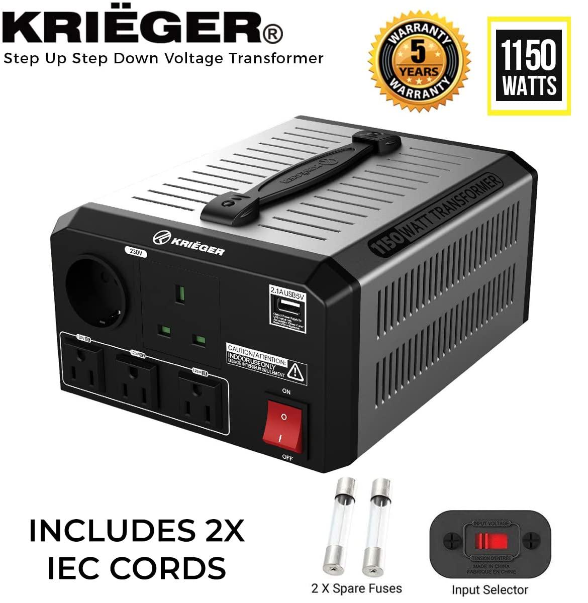 K KRIËGER, Krieger 1150 Watts Voltage Transformer, 110/120V to 220/240 Volts Step Up Step Down Voltage Converter with AC Outlets - CE Approved
