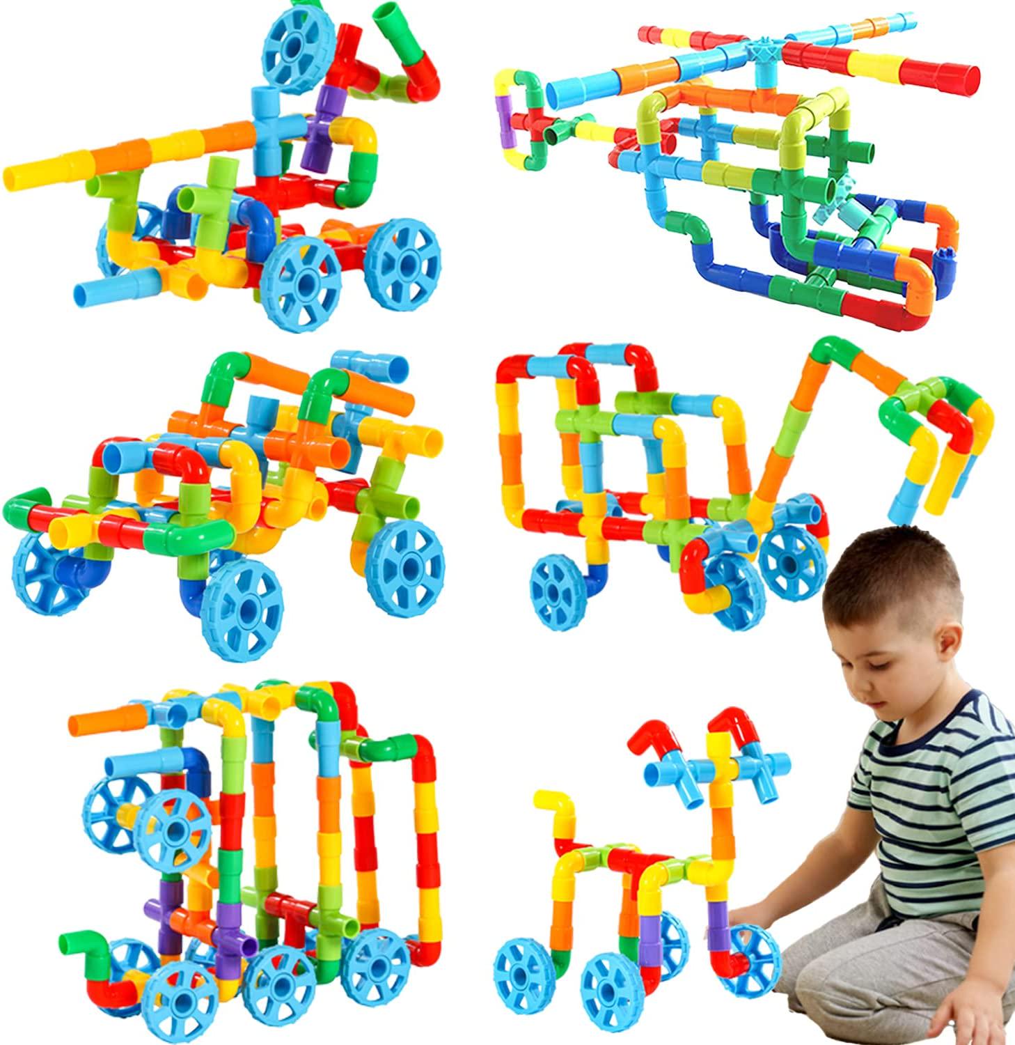 KUTOI, [Kutoi] STEM Building Toys, 72 Pc. Set, Early Learning Educational Tubular Pipes, Joints, and Wheels, Build Cars, Vehicles, Models, and Shapes, Interaction Construction Play