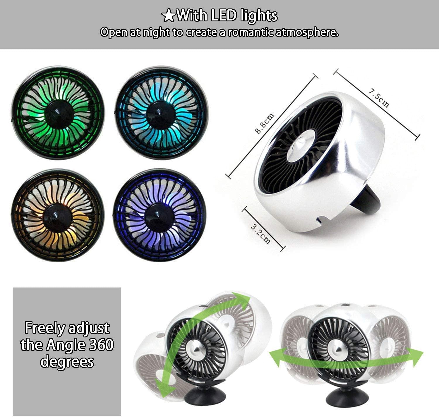 Kwak's, Kwak's Mini Fan for Car Air Vent Mount Fan with LED Light ABS Fan Sticker Mount Car Cooling Fan,for car home office (Silver)