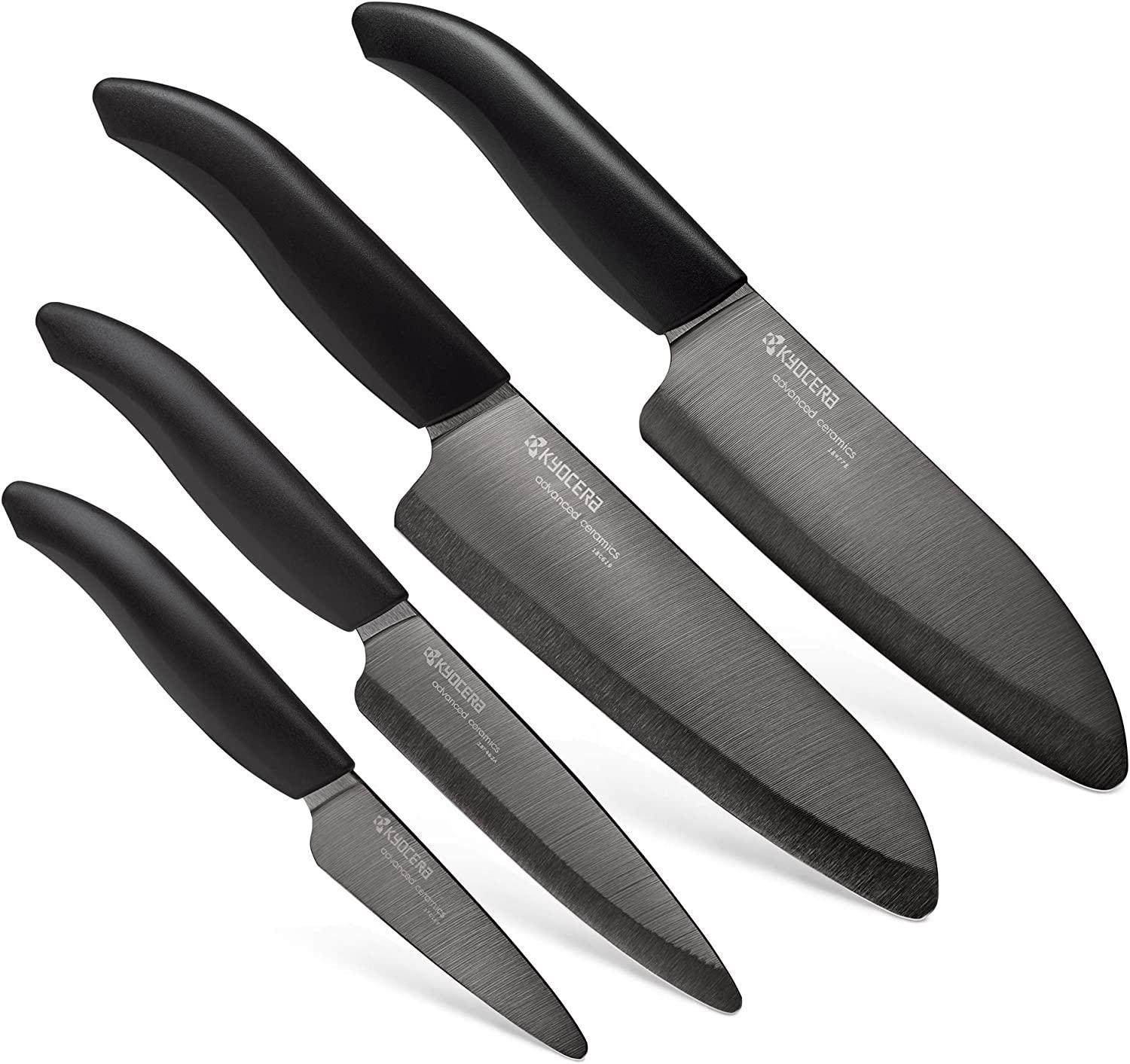 KYOCERA, Kyocera's Revolution 4-Piece Knife Set: Includes 6 Chef's Santoku, 5.5 Santoku, 4.5 Utility and 3 Paring- Black