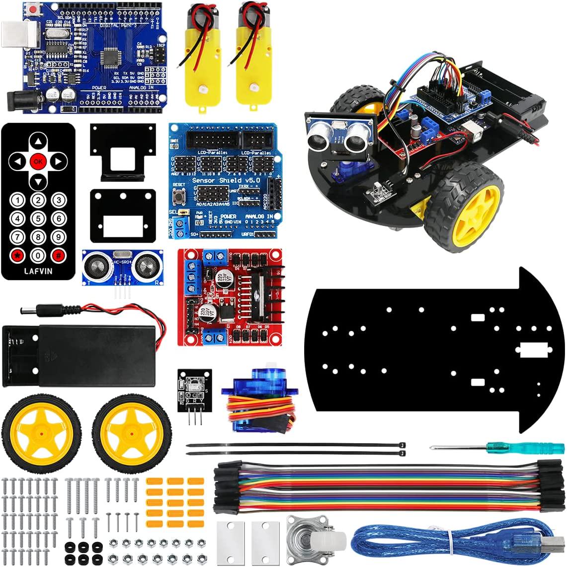 LAFVIN, LAFVIN Smart Robot Car 2WD Chassis Kit with Ultrasonic Module for Uno R3,Remote for Arduino DIY Kit