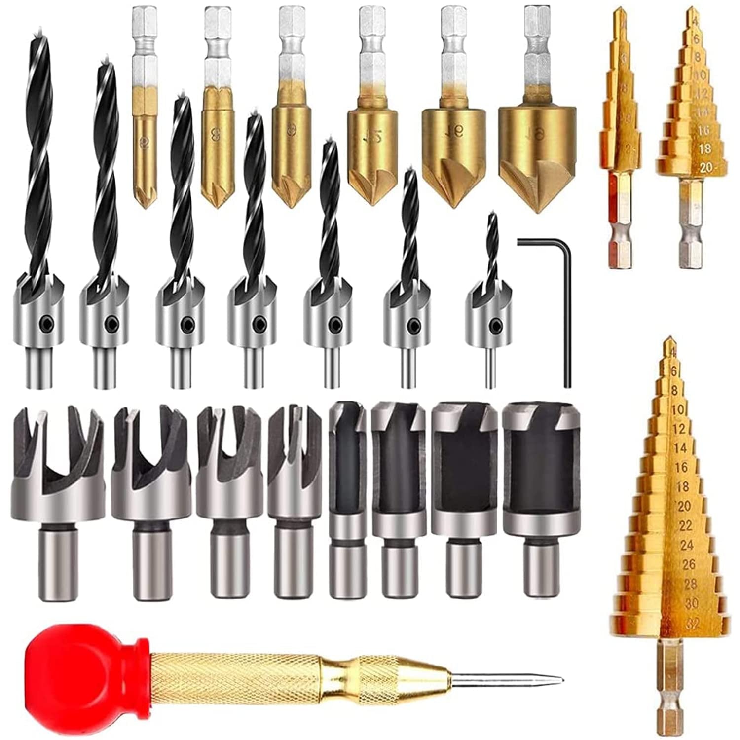 LAMPTOP, LAMPTOP 26-Pack Woodworking Chamfer Drilling Tools Including 6 Countersink Drill Bits, 7 Three Pointed Countersink Drill Bit with L-Wrench, 8 Wood Plug Cutter, 3 Step Drill Bit, and Automatic