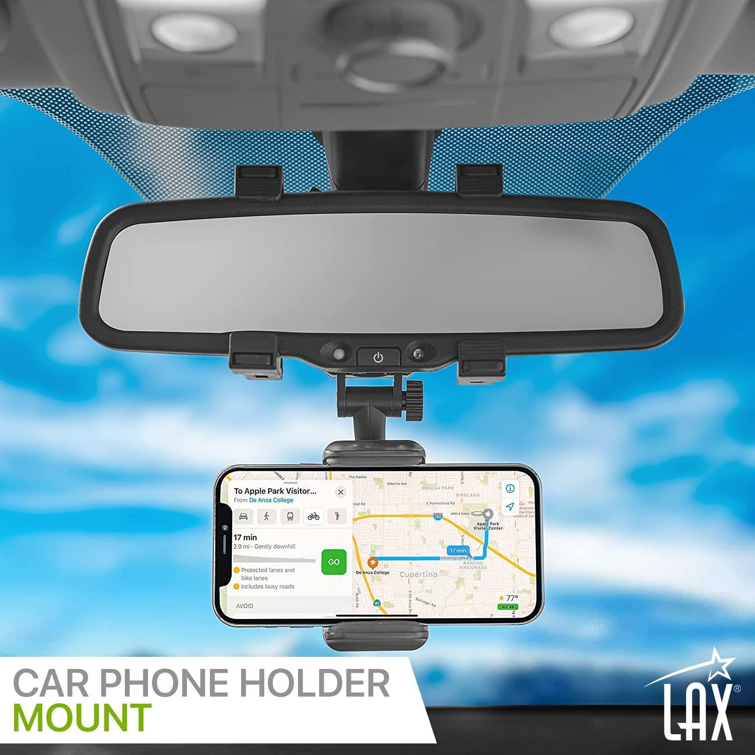 LAX Gadgets, LAX Gadgets Car Phone Holder Mount - Rearview Mirror Phone Holder for Car - Multi-Angle Adjustment - Rearview Mount with Adjustable Bracket - Black