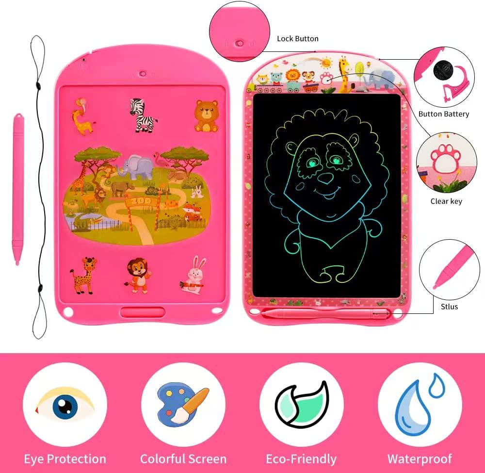 surekuo, LCD Writing Tablet for Kids, 2 Pack 10inch Drawing Board with Colorful Screen, Erasable and Reusable Drawing Tablet, Dinosaur &Animal Themes Birthday Gifts for 3-8 Years Old Girls Pink+Green