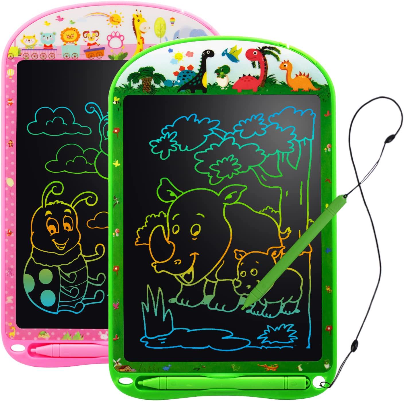 surekuo, LCD Writing Tablet for Kids, 2 Pack 10inch Drawing Board with Colorful Screen, Erasable and Reusable Drawing Tablet, Dinosaur &Animal Themes Birthday Gifts for 3-8 Years Old Girls Pink+Green