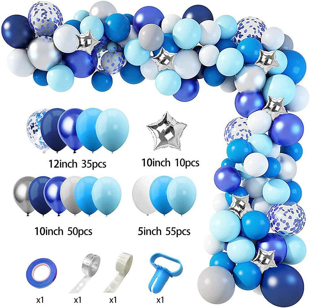 LDFWAYAU, LDFWAYAU Blue White Gray Confetti Foil Stars Balloons Arch Garland Kit 154Pcs Balloons for Birthday Baby Shower Wedding Centerpiece Backdrop Background Decorations with Strip Tape and Dot Glue