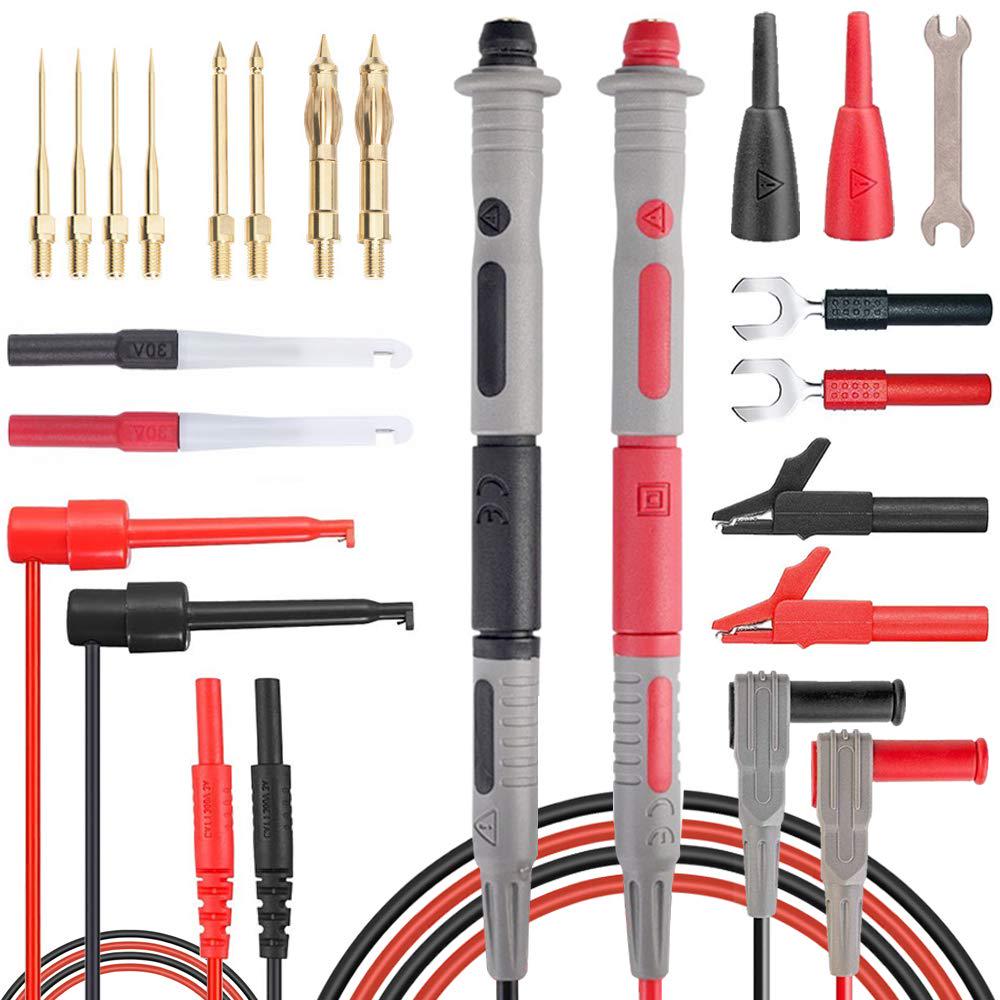 LDK, LDK 25Pcs Multimeter Leads Kit, Professional Test Leads Set with Replaceable Gold-Plated Multimeter Probes, Alligator Clips, Test Hooks and Back Probe Pins 1000V 10A CAT.II