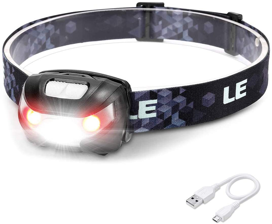 Lighting EVER, LE LED Headlamp Flashlight Rechargeable Headlights, USB Cable Included Red Light 5 Modes Running Jogging Hiking