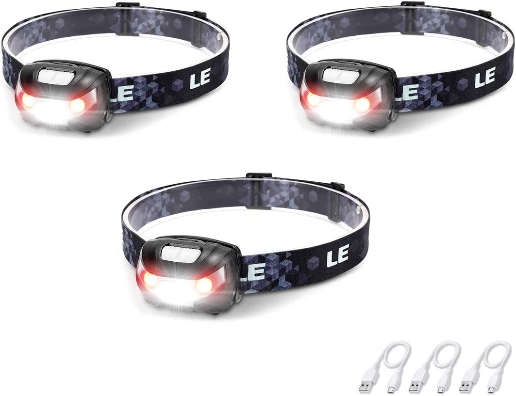 Lighting EVER, LE Rechargeable LED Headlamp, 5 Lighting Modes, Lightweight Headlight for Outdoor, Camping, Running, Hiking, Reading and More, USB Cable Included, Pack of 3