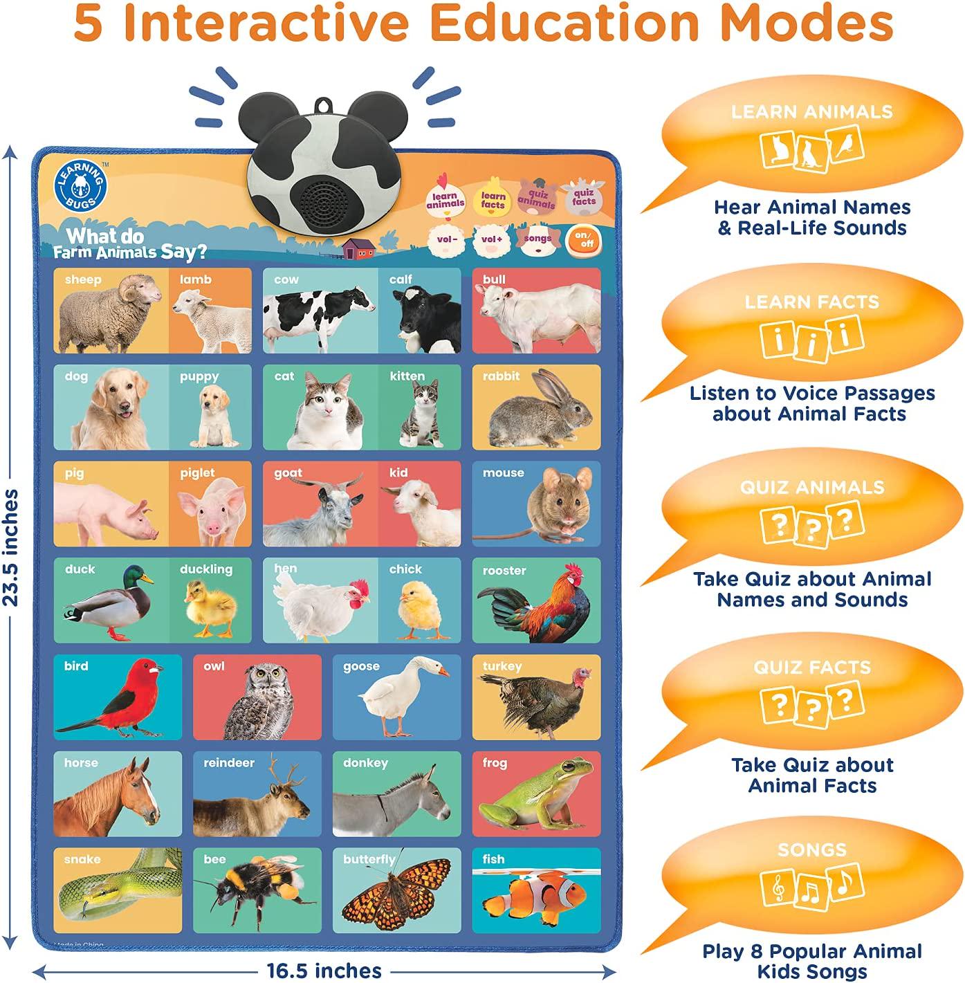 LEARNING BUGS, LEARNING BUGS What do Farm Animals Say, Interactive Educational Farm Animals Poster, Hear 32 Farm Animals Name, Real-Life Sound and Child Friendly Facts for Young Learners Aged 1 to 5 Years Old