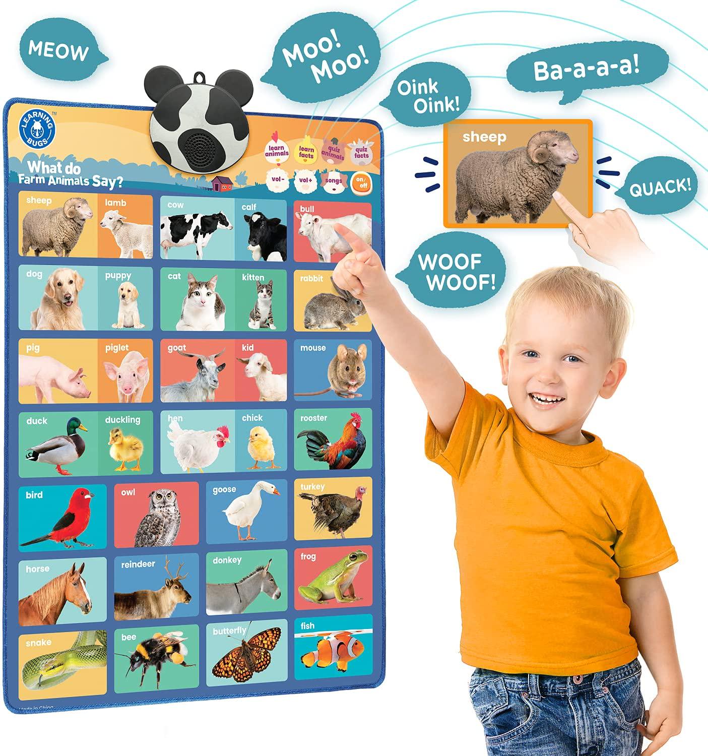 LEARNING BUGS, LEARNING BUGS What do Farm Animals Say, Interactive Educational Farm Animals Poster, Hear 32 Farm Animals Name, Real-Life Sound and Child Friendly Facts for Young Learners Aged 1 to 5 Years Old
