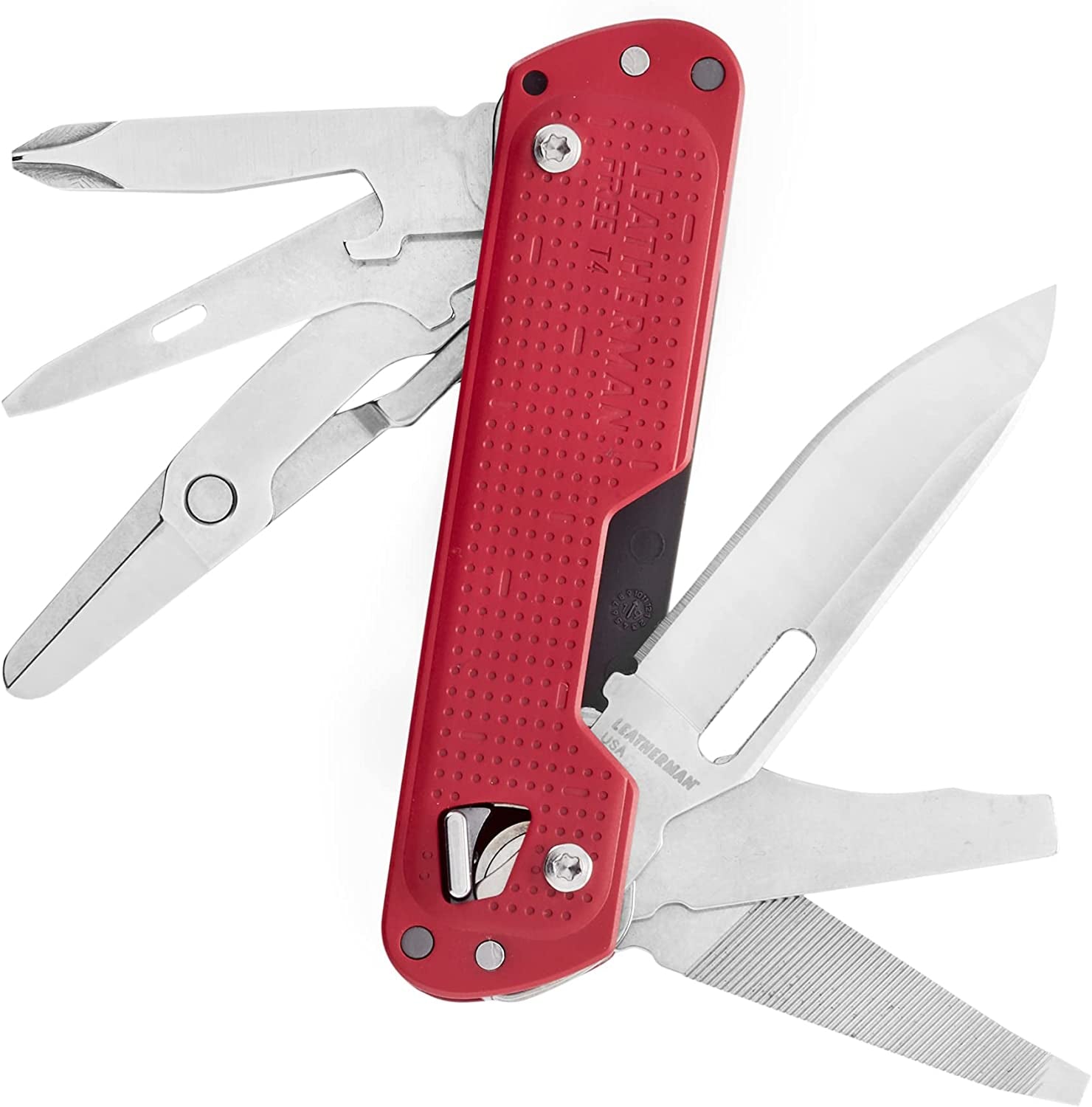 Leatherman, LEATHERMAN, FREE T4 Multitool and EDC Knife with Magnetic Locking and One Hand Accessible, Built in the USA, Stainless, Crimson