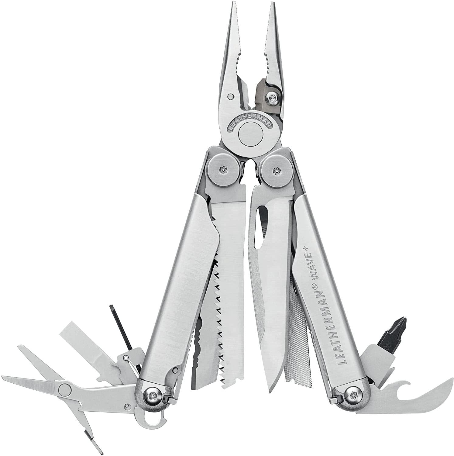 Leatherman, LEATHERMAN, Wave Plus Multitool with Premium Replaceable Wire Cutters, Spring-Action Scissors and Nylon Sheath, Built in the USA, Stainless Steel