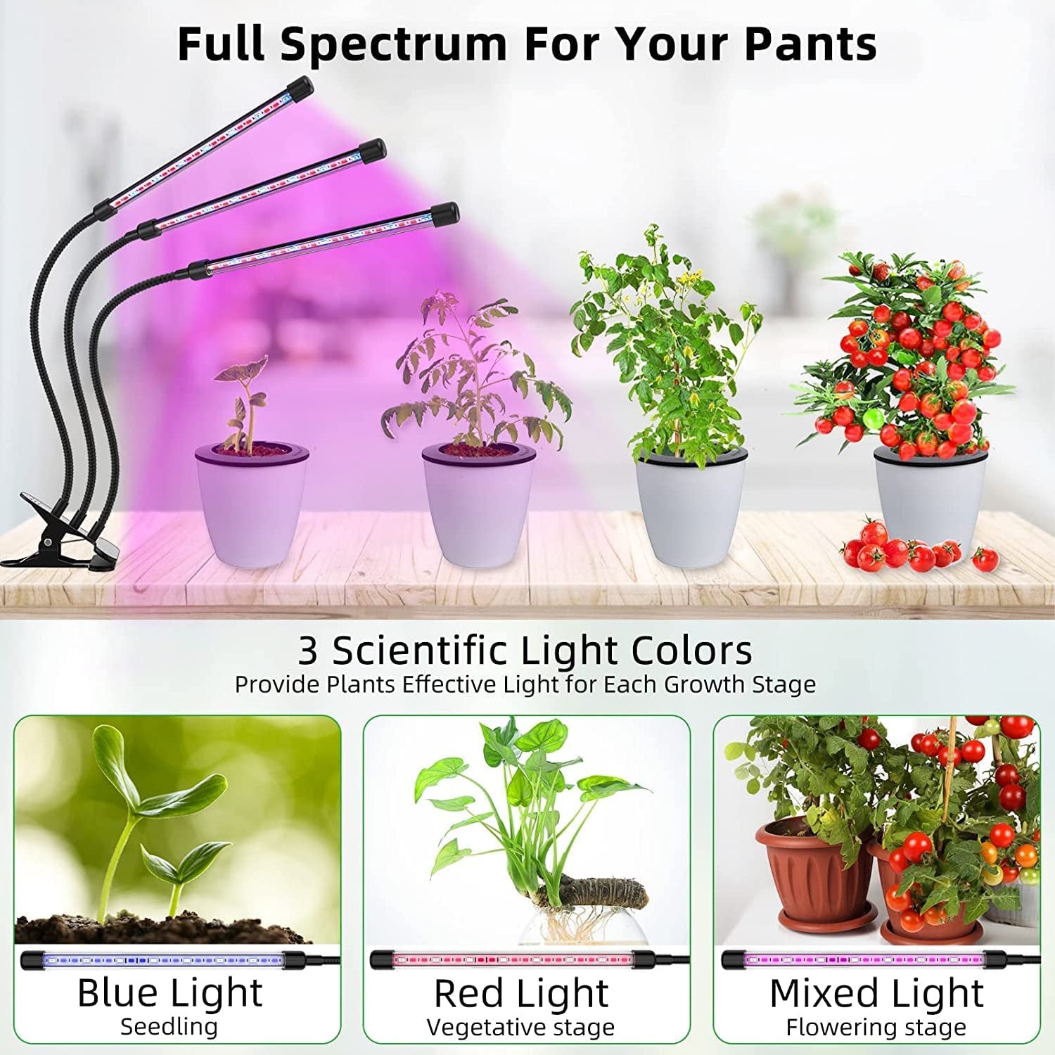 VNPONV, LED Grow Light for Indoor Plant, Timing, 3 Heads&13 Dimmable Levels, Plant Grow Light for Indoor Plant with Full Spectrum & Red Blue Spectrum, Adjustable Gooseneck, Auto On/Off Timing 3 9 12H, 3 Switch Modes