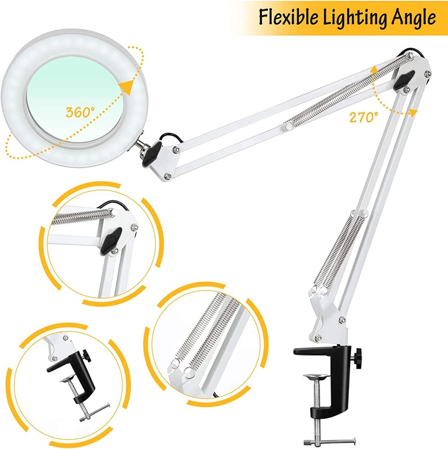 LOBUER, LED Magnifying Lamp, 8X Magnifying Glass Desk Light, 3 Color Mode 10 Brightness Level, 8-Diopter Magnifying Glass Clamp Lamp, LED Lighted Magnifier for Repair, Reading, Crafts, Close Works