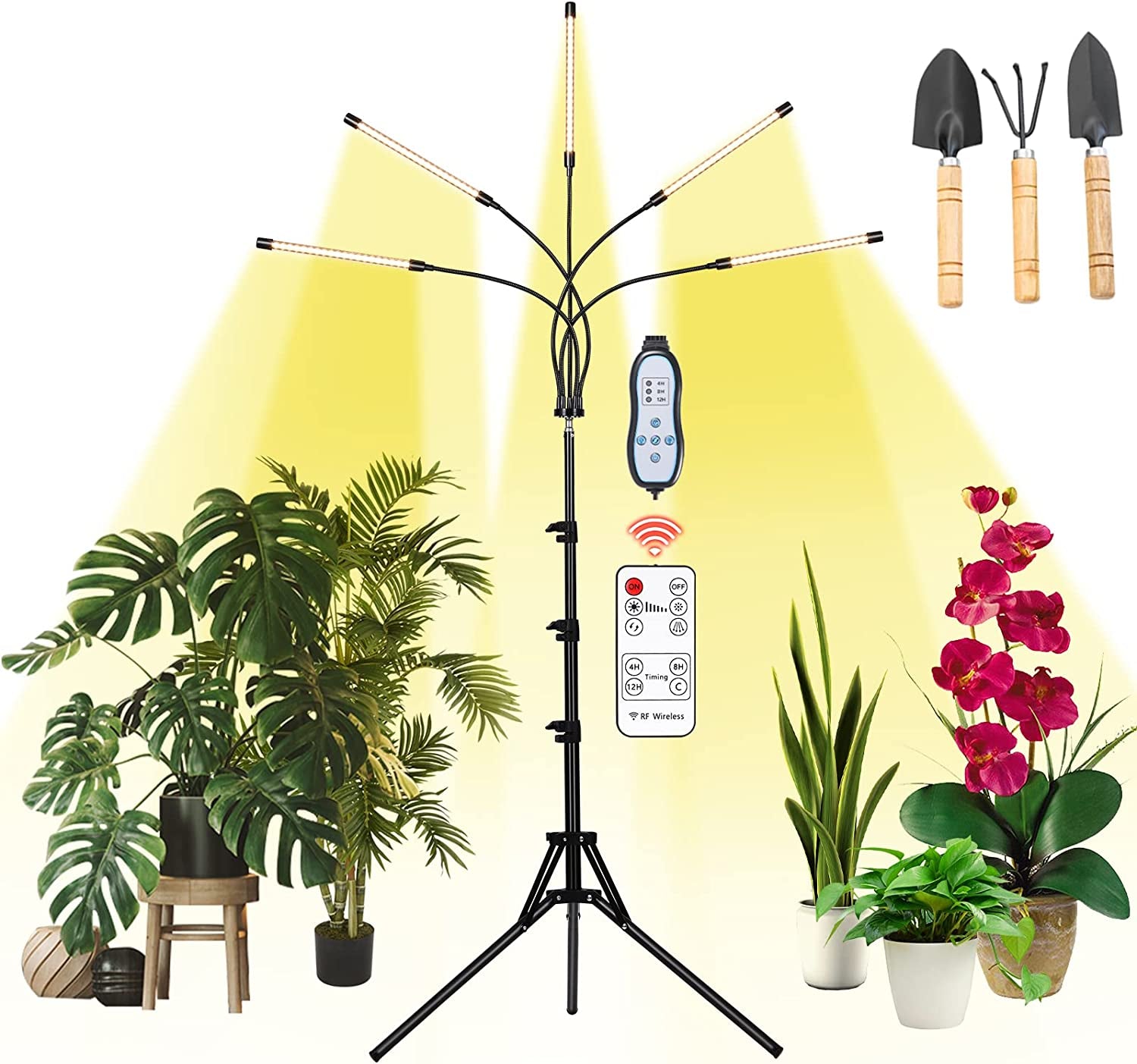 Hywyimlait, LED Plant Grow Lights for Indoor Plants Full Spectrum Warm Light, 13-63 Inch Extendable Tripod, 4/8/12H Timer, 10 Dimming with Remote for Gardening (3000K 5 Heads with AU Adapter)