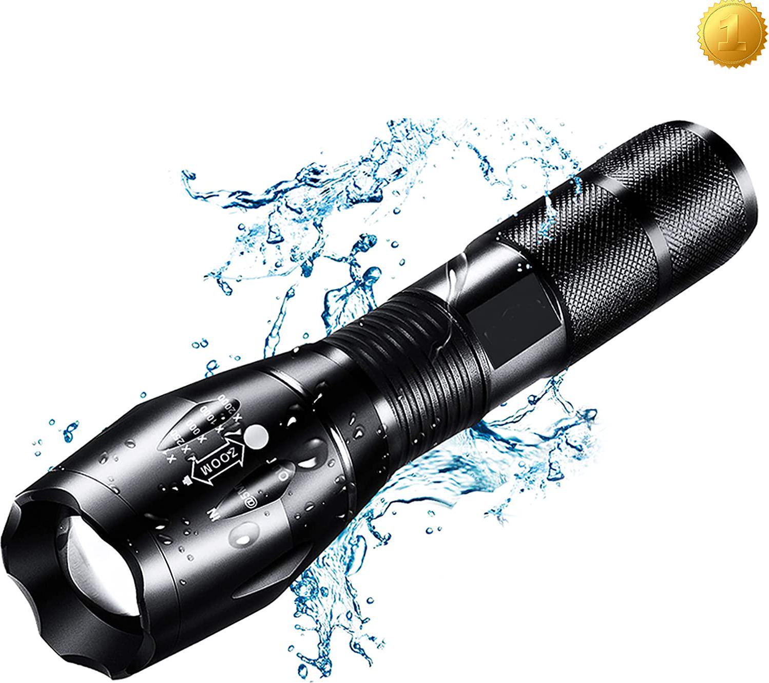 BYMYHO, LED Torches High Lumens Flashlights Tactical Flashlight with Adjustable Focus a Water Resistant Torch for Outdoor, Emergency, Power Outage, Camping, Hiking (Black)