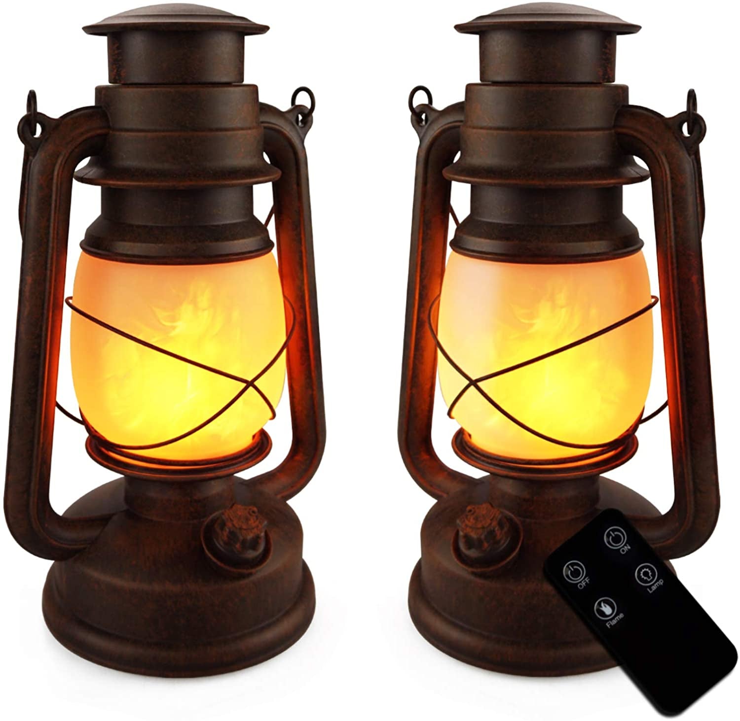 TOFU, LED Vintage Lantern Battery Operated Flickering Flame Outdoor Hanging Lantern with Remote and Two Modes for Camping and Home Decor, 2 Pack