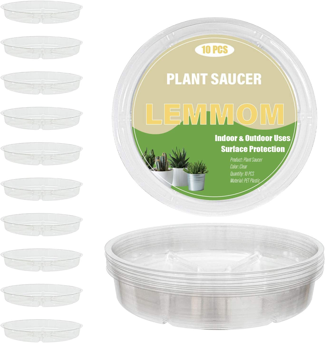 LEMMOM, LEMMOM 10 Pieces 4-Inch Clear Plastic Plant Saucer Indoor & Outdoor Garden Drip Tray for Pots (4'')
