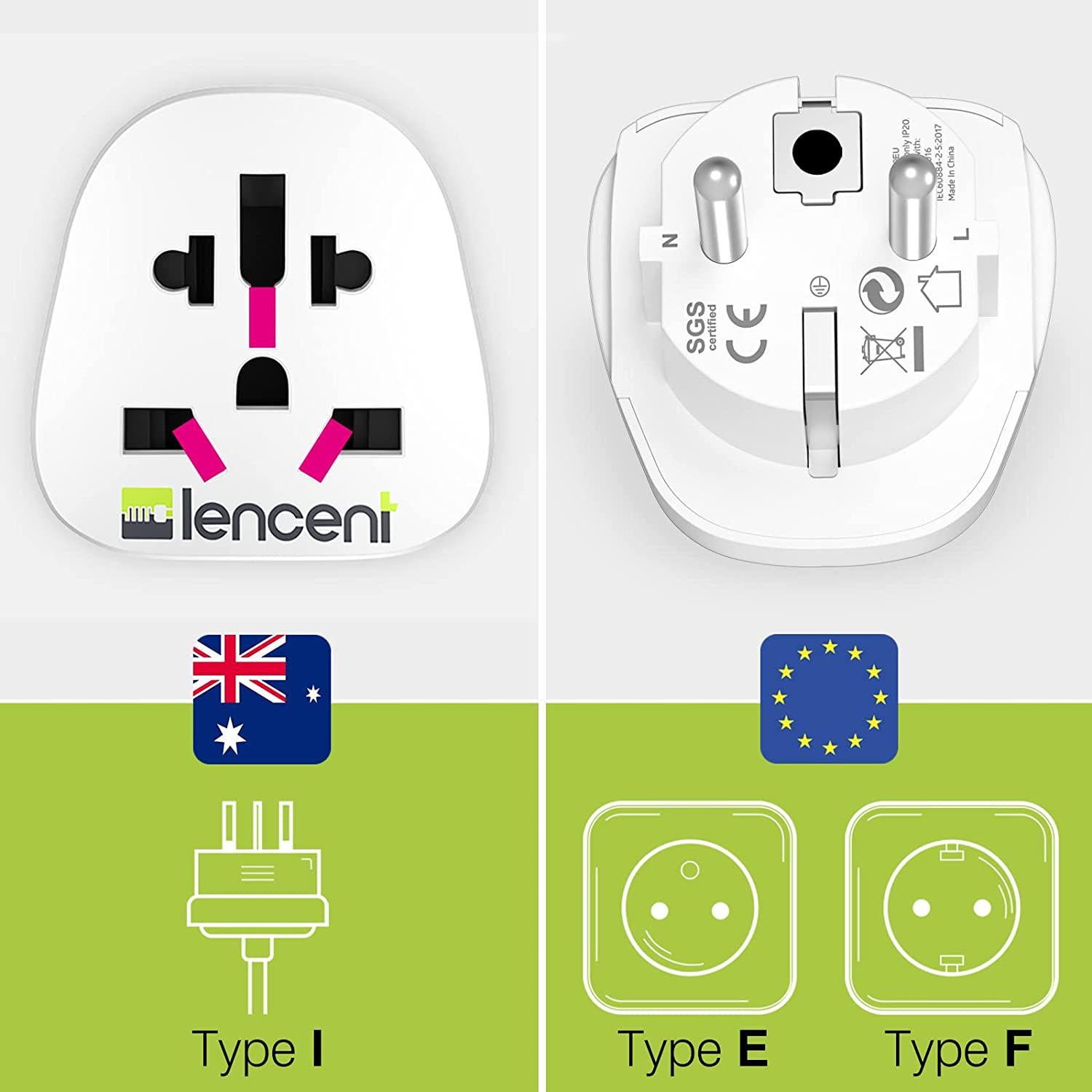 LENCENT, LENCENT 2X AU to EU Euro Europe Plug Adapter, Grounded European Travel Adapter for Spain Germany France Portugal Greece Russia Netherlands Turkey and More (Type E/F)