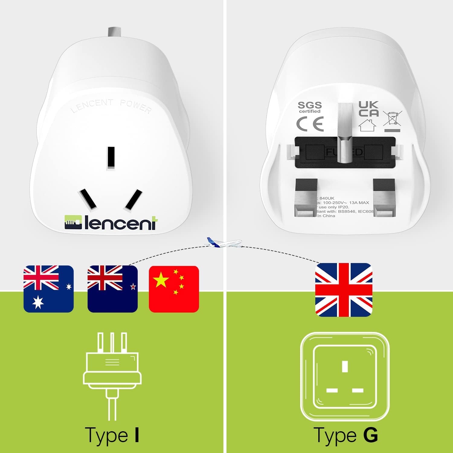 LENCENT, LENCENT 2X AU to UK Plug Adapter, Grounded Australian Visitors Travel Converter, Converts All Type I Plugs from UK Ireland Britain Scotland and More (Type G)