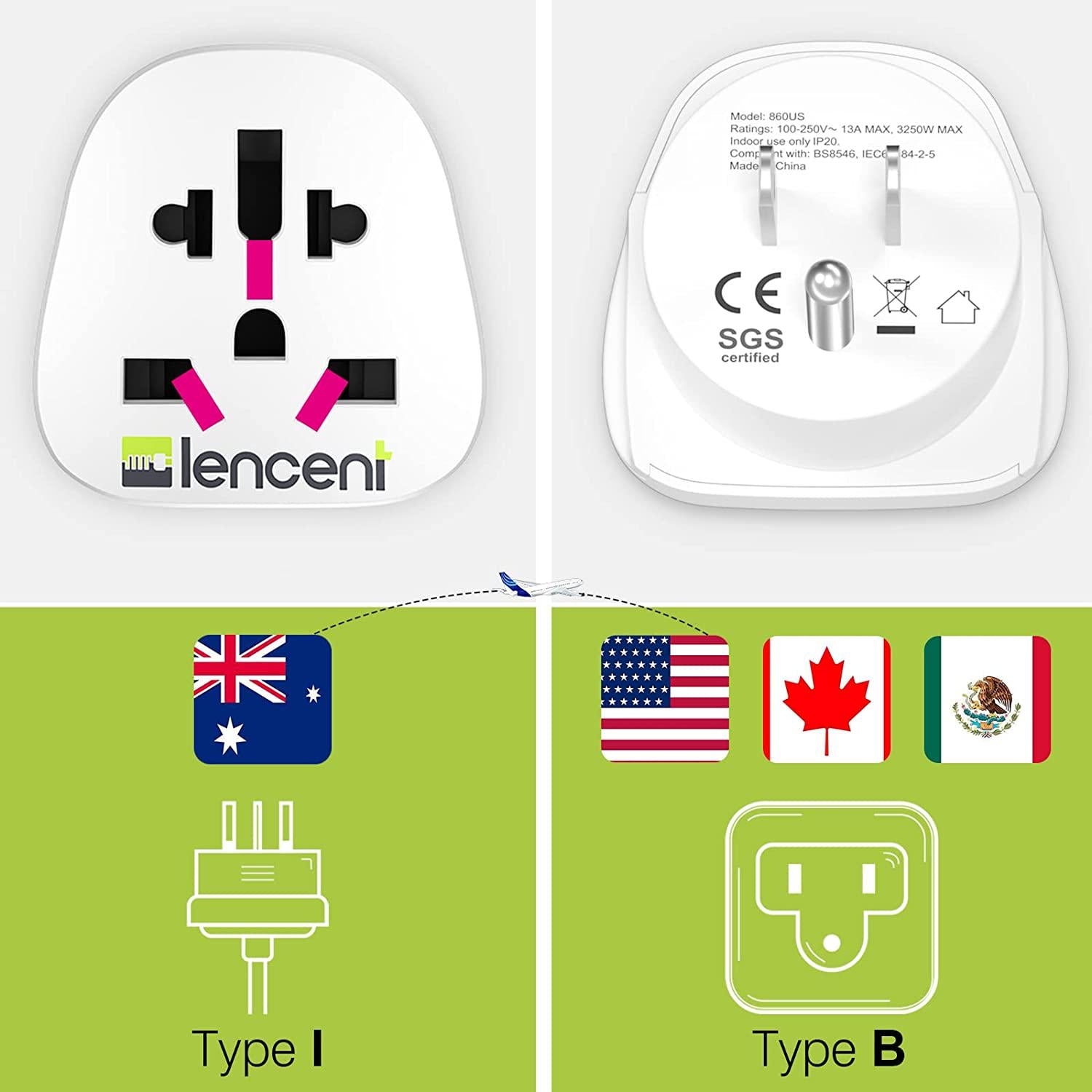 LENCENT, LENCENT 2X AU to US Plug Adapter, American Outlet Adapter, Grounded America Travel Adapter for USA Mexico Canada Thailand and More (Type B)