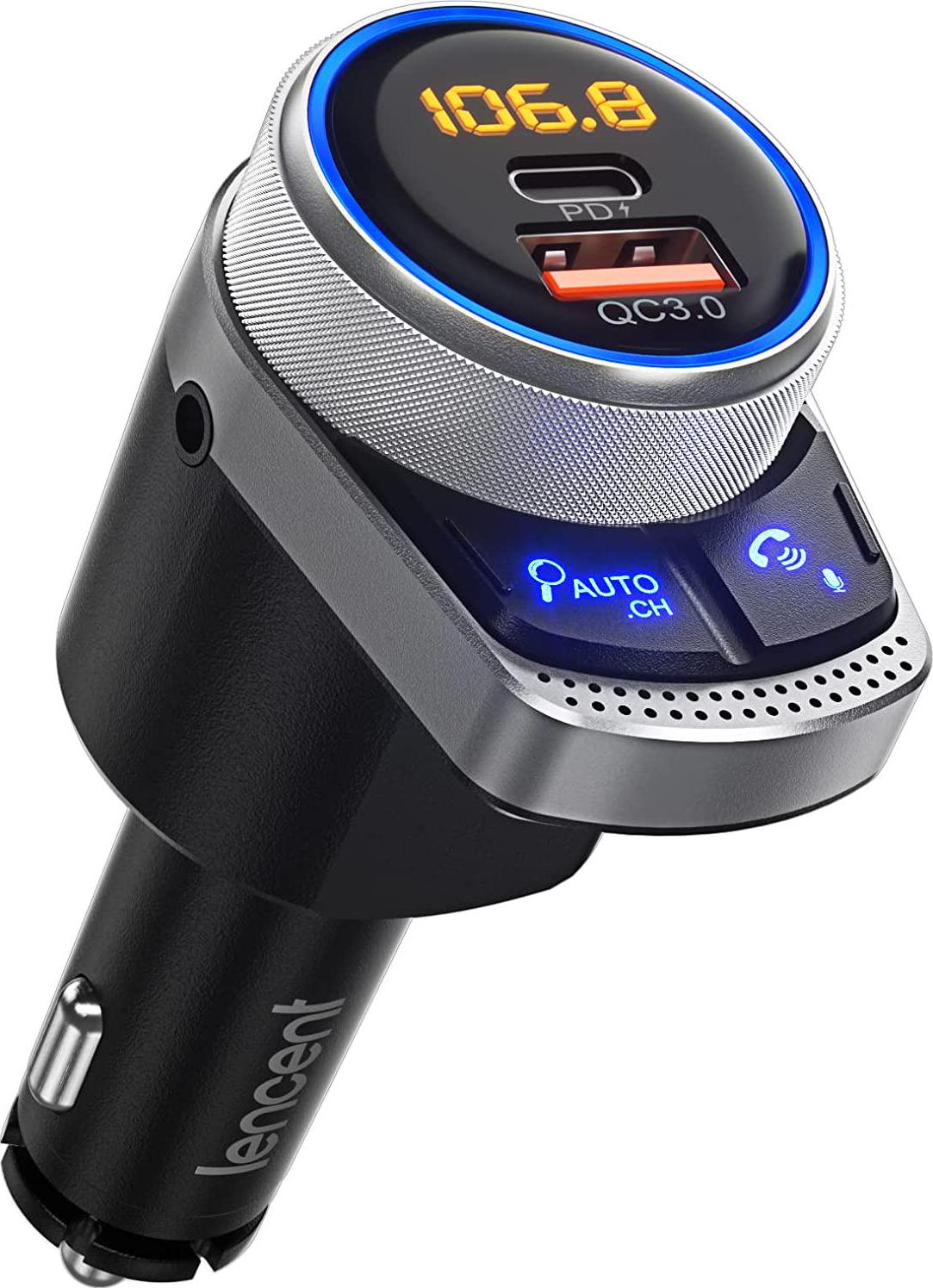 LENCENT, LENCENT FM Transmitter Bluetooth in-car , Auto-Tune Frequency Auto Search Bluetooth Radio Frequency Wireless Car Adapter , Type-C PD 20W and QC3.0 Quick Fast Charge, Support AUX and Hands-Free Calling