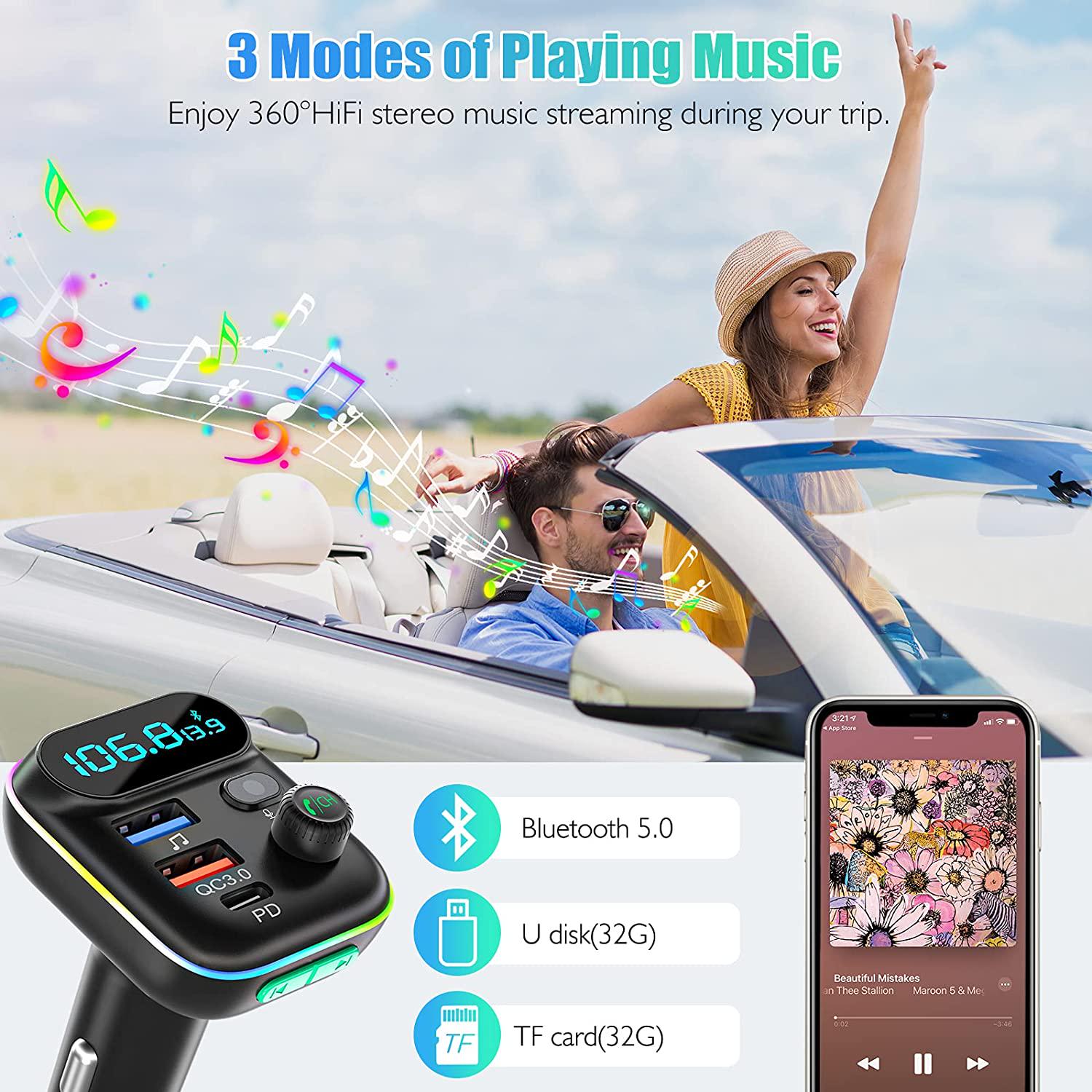 LENCENT, LENCENT FM Transmitter in-Car Adapter, Wireless Bluetooth 5.0 Radio Car Kit,Type-C PD + QC3.0 Fast USB Charger, Hands Free Calling, Mp3 Player Receiver Hi Fi Bass Support U Disk