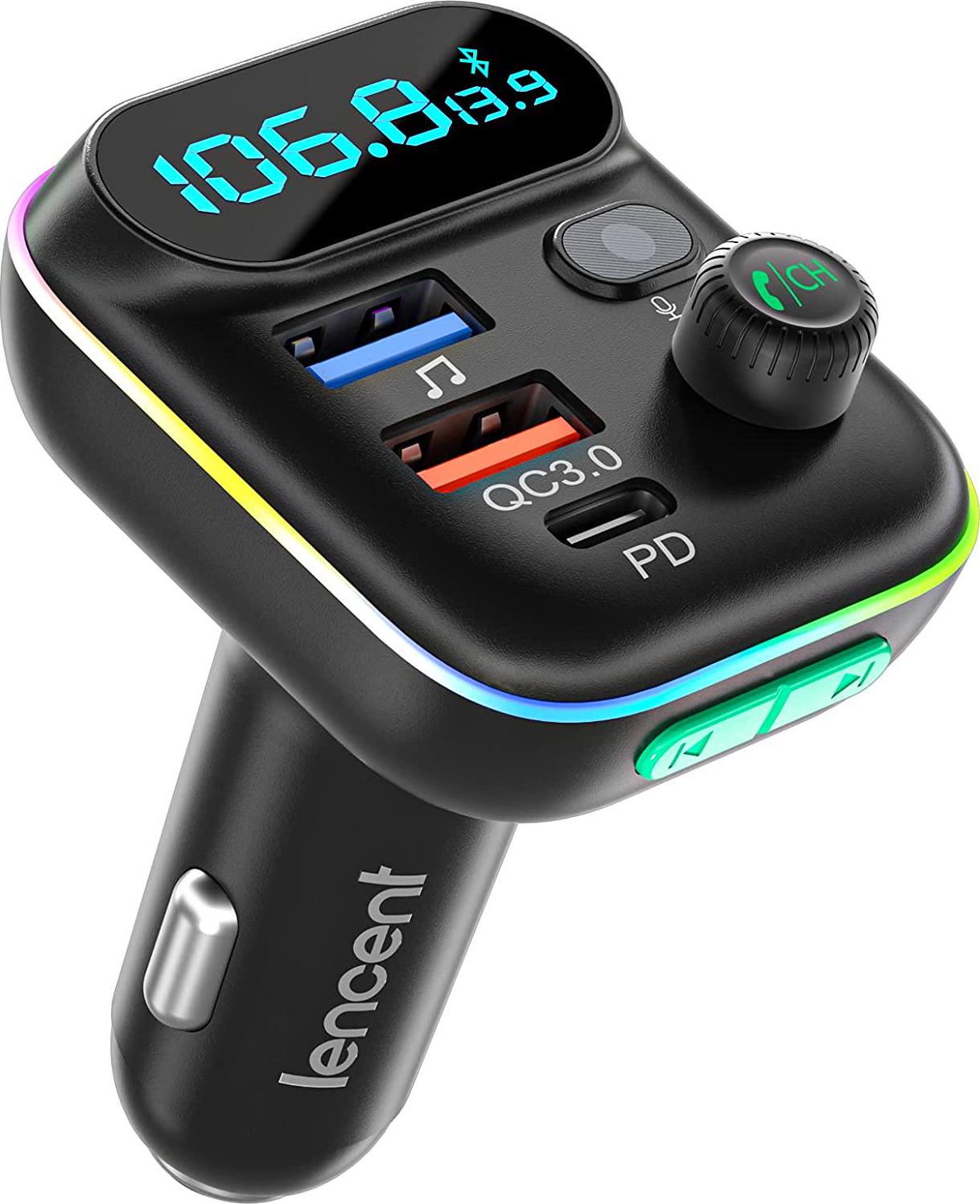 LENCENT, LENCENT FM Transmitter in-Car Adapter, Wireless Bluetooth 5.0 Radio Car Kit,Type-C PD + QC3.0 Fast USB Charger, Hands Free Calling, Mp3 Player Receiver Hi Fi Bass Support U Disk