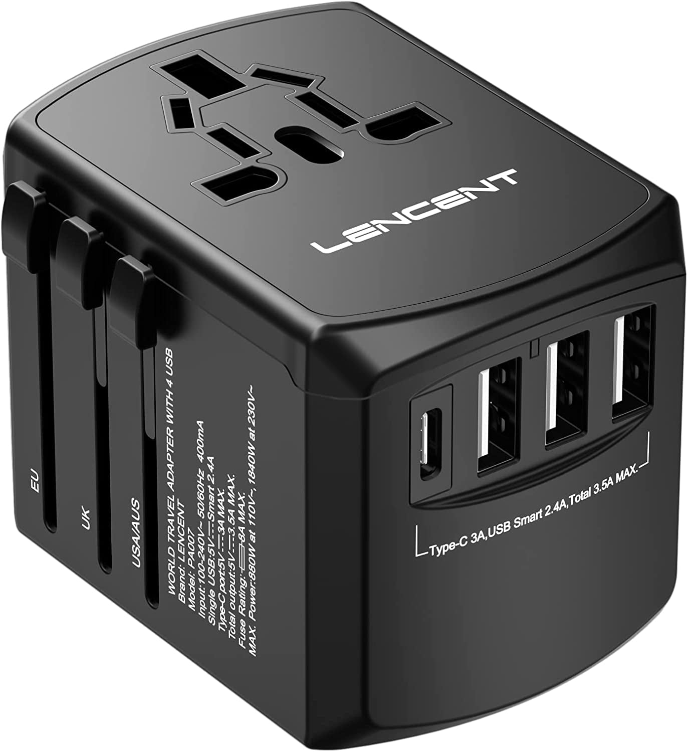 LENCENT, LENCENT Universal Travel Adapter, International Charger with 3 USB Ports and Type-C PD Fast Charging Adaptor for Iphone, Samsung, Tablet, Gopro. for over 200 Countries Type A/C/G/ I (USA, UK, EU AUS)