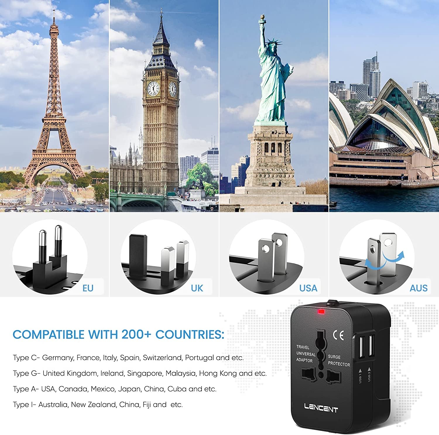 LENCENT, LENCENT Universal Travel Adaptor, All-In-One International Power Adapter, Worldwide Travel Charger for US, UK, EU, AU, over 200 Countries