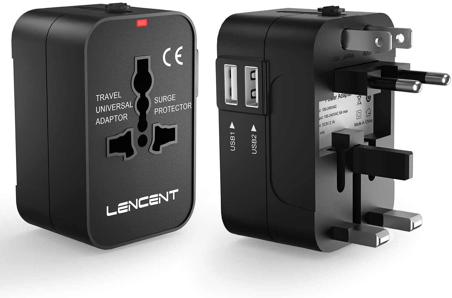 LENCENT, LENCENT Universal Travel Adaptor, All-In-One International Power Adapter, Worldwide Travel Charger for US, UK, EU, AU, over 200 Countries