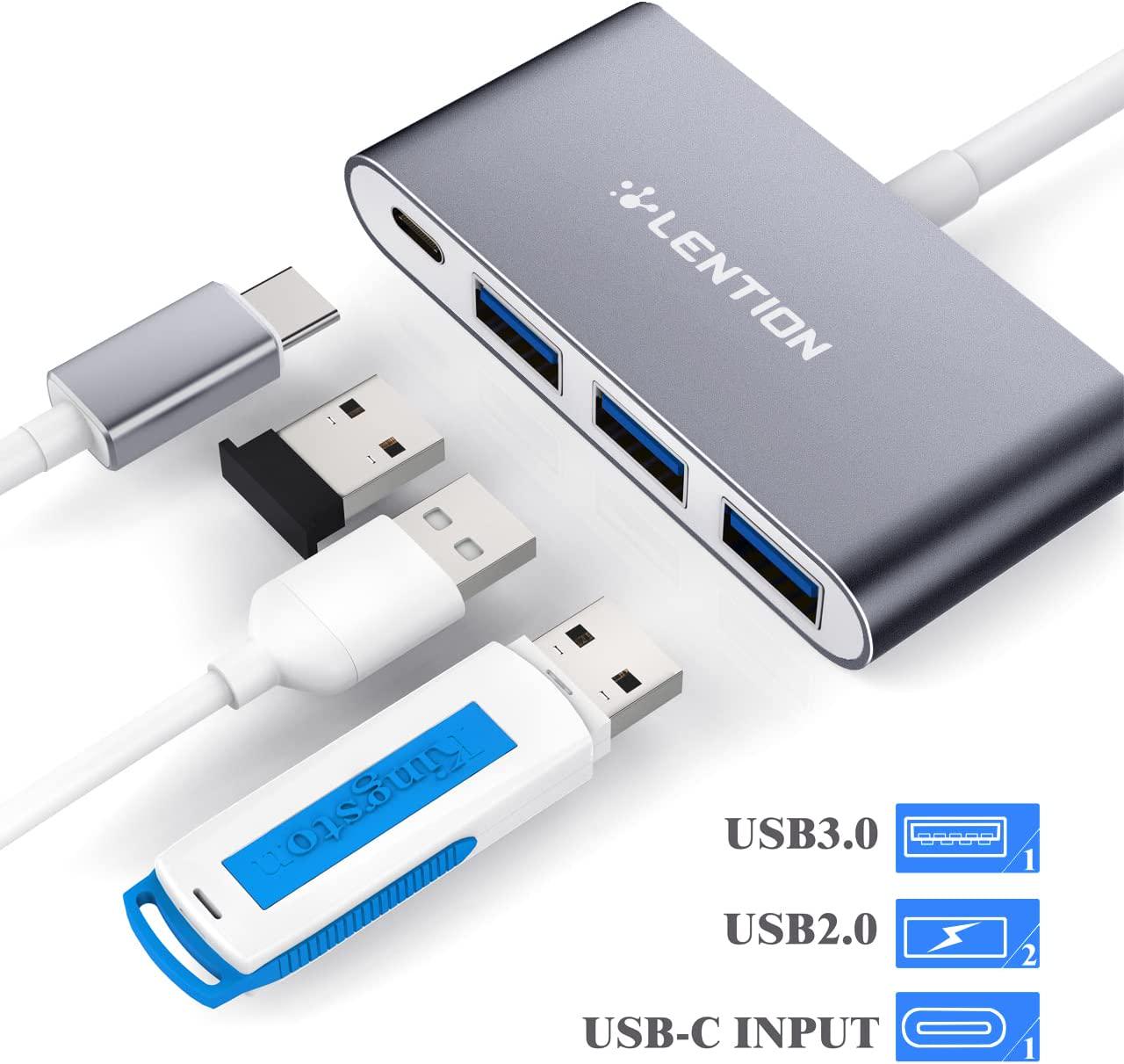 LENTION, LENTION 4-in-1 USB-C Hub with 3 USB 3.0 and Type C Power Delivery Compatible 2022-2016 MacBook Pro 13/15/16, New Mac Air/Surface, ChromeBook, More, Multiport Charging Adapter (CB-C13se, Space Gray)