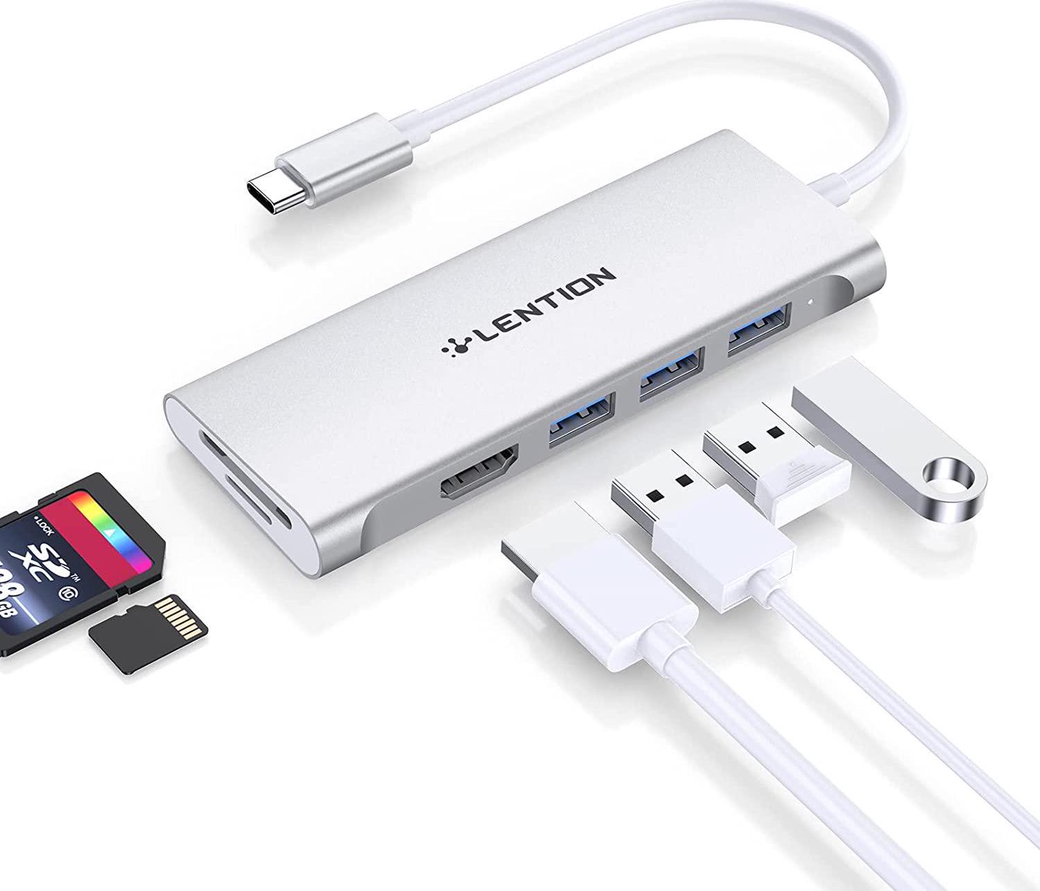 LENTION, LENTION USB C Hub with 4K HDMI, 3 USB 3.0, SD 3.0 Card Reader Compatible 2022-2016 MacBook Pro 13/15/16, New Mac Air/iPad Pro/Surface, More, Multiport Stable Driver Dongle Adapter (CB-C34, Silver)