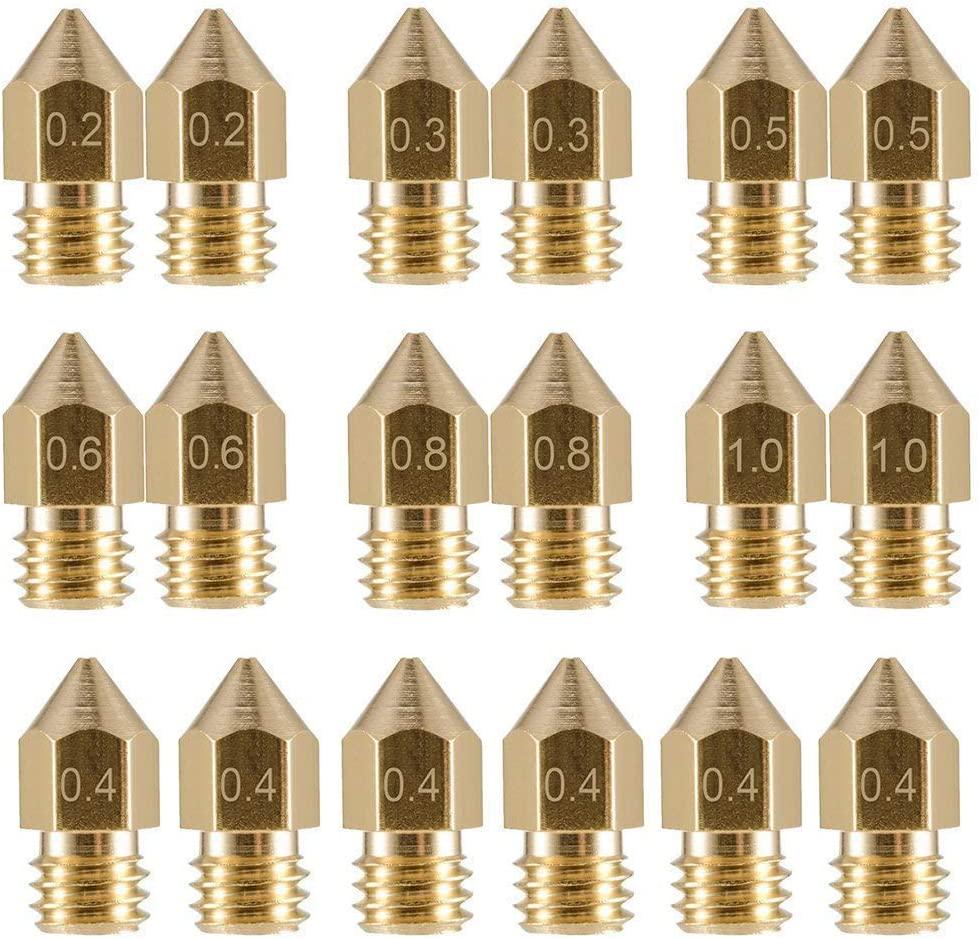 LEOWAY, LEOWAY 18 Pcs MK8 Extruder Nozzle M6 3D Printer Brass Nozzle with 7 Different Sizes (0.2mm, 0.3mm, 0.4mm, 0.5mm, 0.6mm, 0.8mm, 1.0mm) for 1.75MM MK8 Makerbot, Ender-3 Series/Ender-5 Series/CR-10