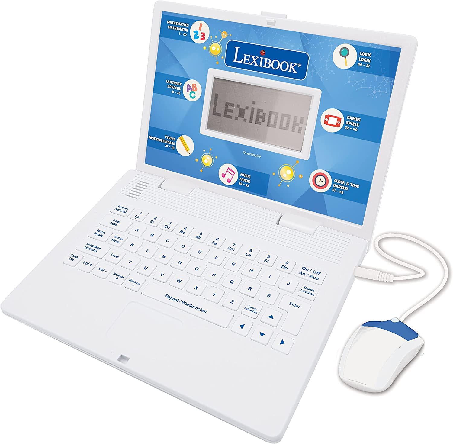 Lexibook, LEXIBOOK JC598i3 Educational and Bilingual Laptop German/English-Toy with 124 Activities to Learn, Play Games and Music-Blue/White