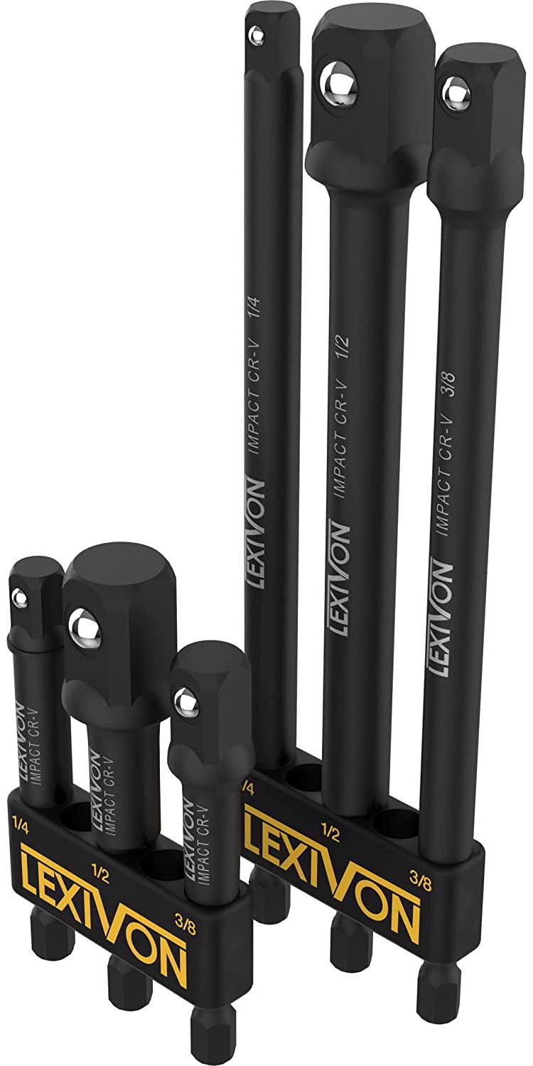 LEXIVON, LEXIVON 6-Piece Impact Grade Socket Adapter Set - 3 and 6 Extension Bit With Holder | 1/4 , 3/8 , and 1/2 Drive, Adapt Your Power Drill To High Torque Impact Wrench (LX-105)
