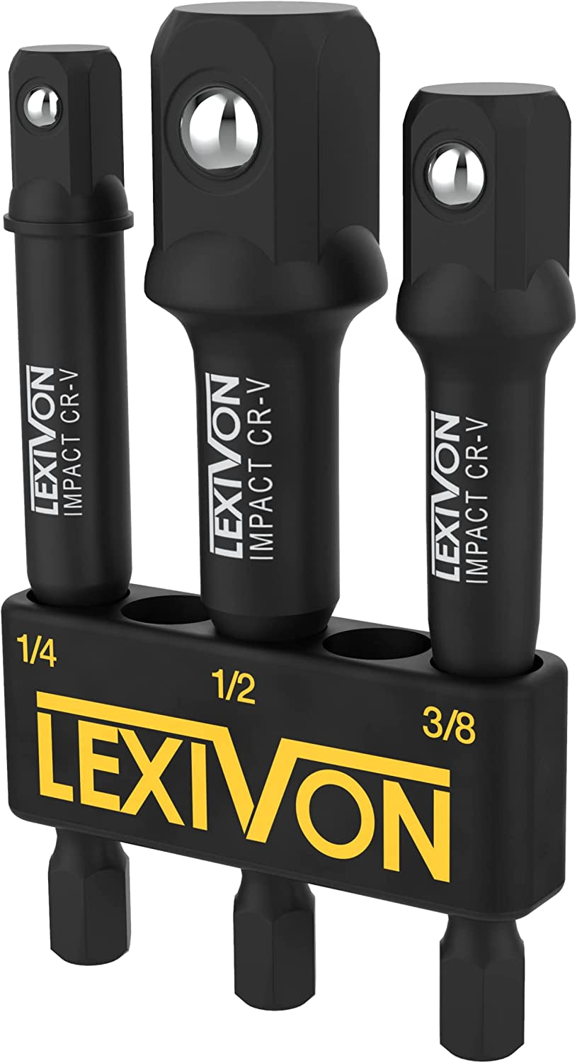 LEXIVON, LEXIVON Impact Grade Socket Adapter Set, 3" Extension Bit with Holder | 3-Piece 1/4", 3/8", and 1/2" Drive, Adapt Your Power Drill to High Torque Impact Wrench (LX-101)