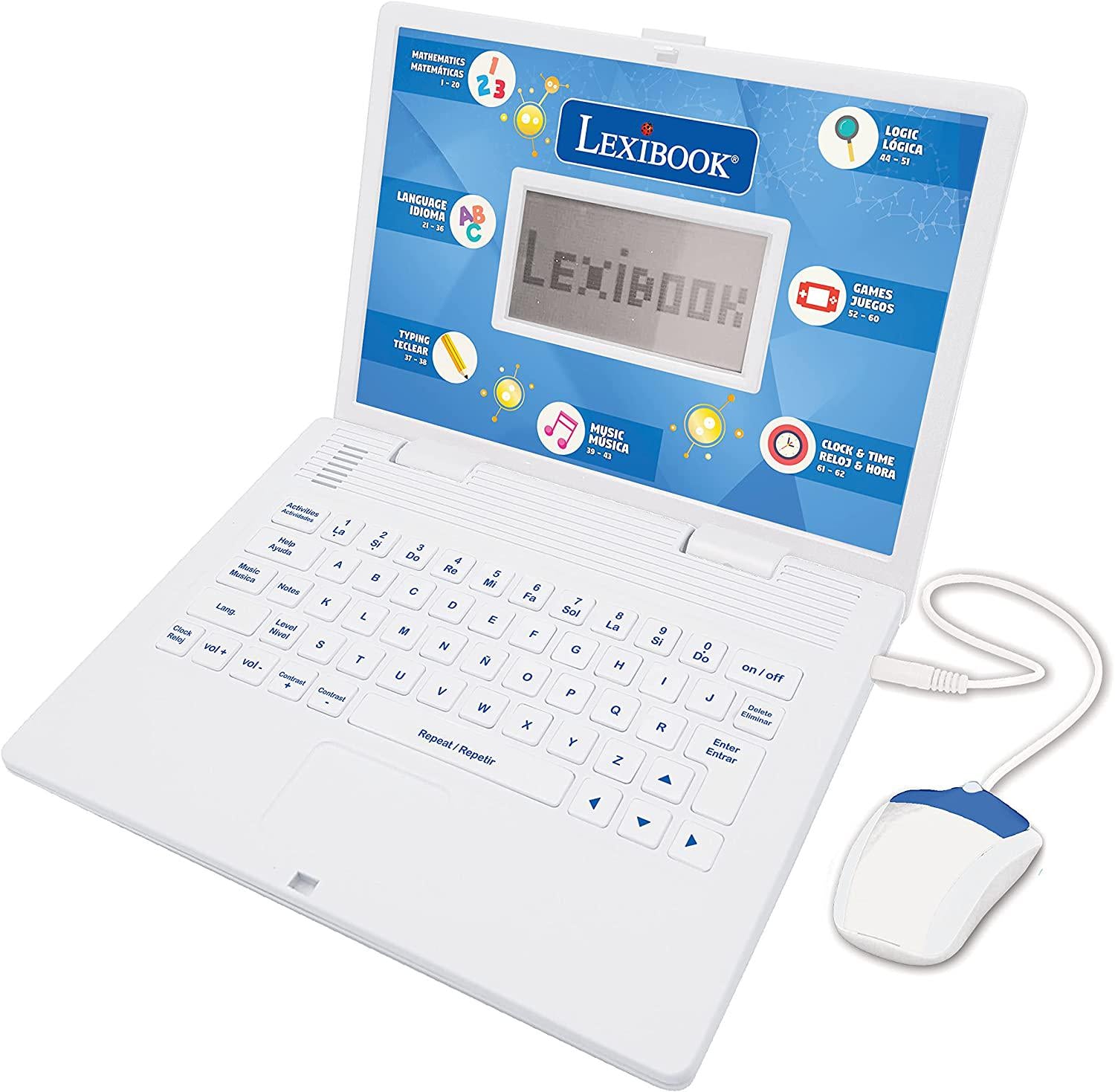 Lexibook, LEXiBOOK Educational and Bilingual Laptop Spanish/English - Toy for Children with 124 Activities to Learn Mathematics, Dactylography, Logic, Clock Reading, Play Games and Music - JC598i2