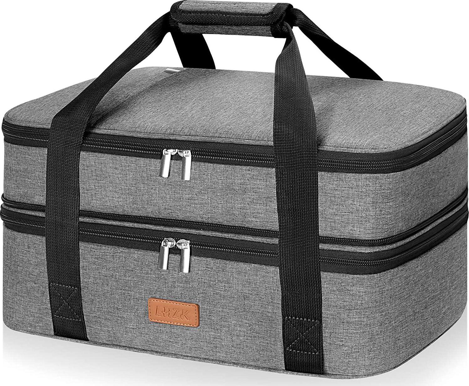 QTW, LHZK Double Decker Insulated Casserole Carrier for Hot or Cold Food, Expandable Hot Food Carrier, Lasagna Holder Tote for Potluck Parties, Picnic, Beach, Fits 9 x13 Baking Dish, Grey