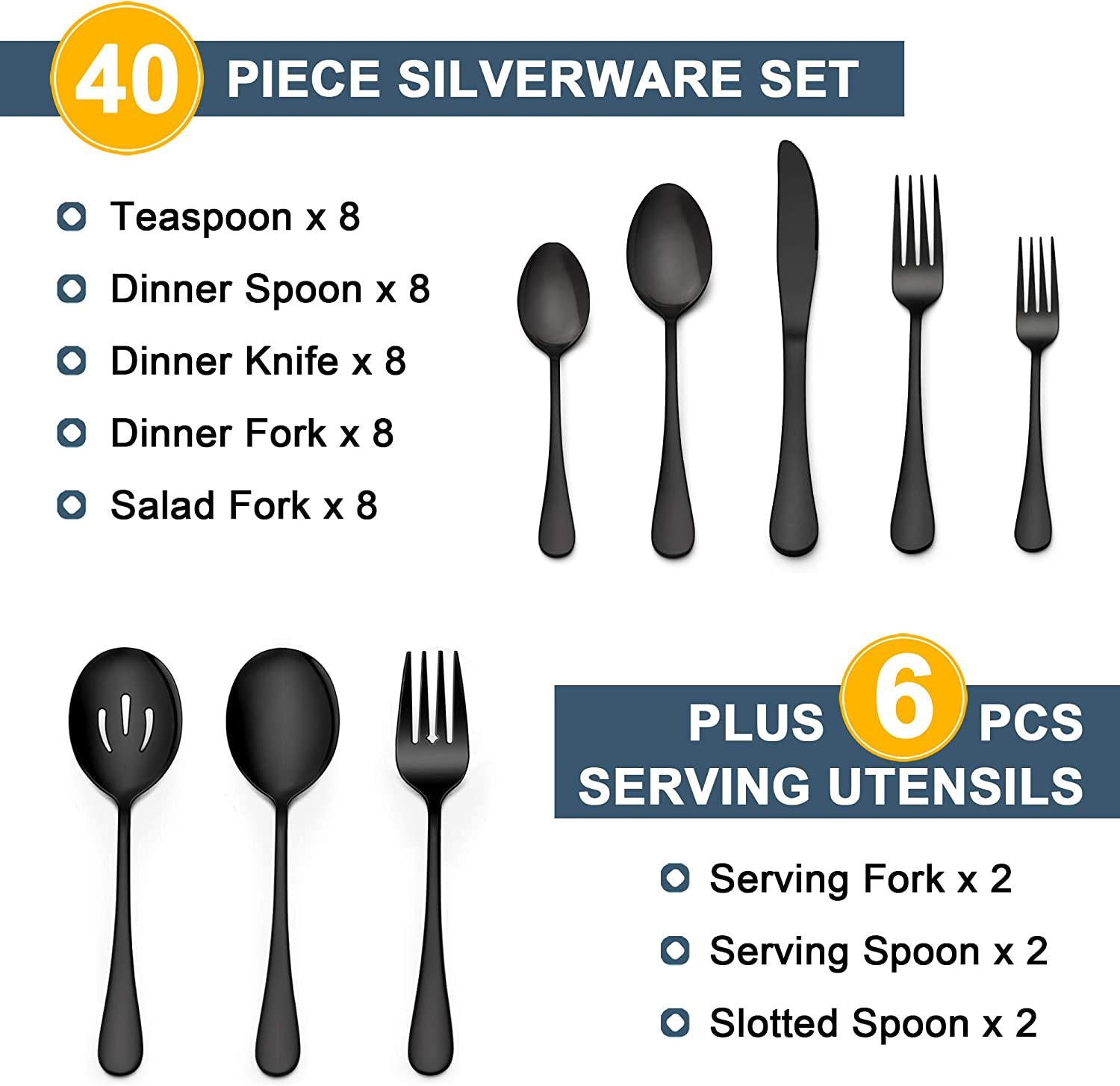 LIANYU, LIANYU 46-Piece Black Silverware Flatware Set for 8, Stainless Steel Flatware with Serving Utensils, Elegant Cutlery Tableware Includes Forks Spoons Knives, Mirror Polished