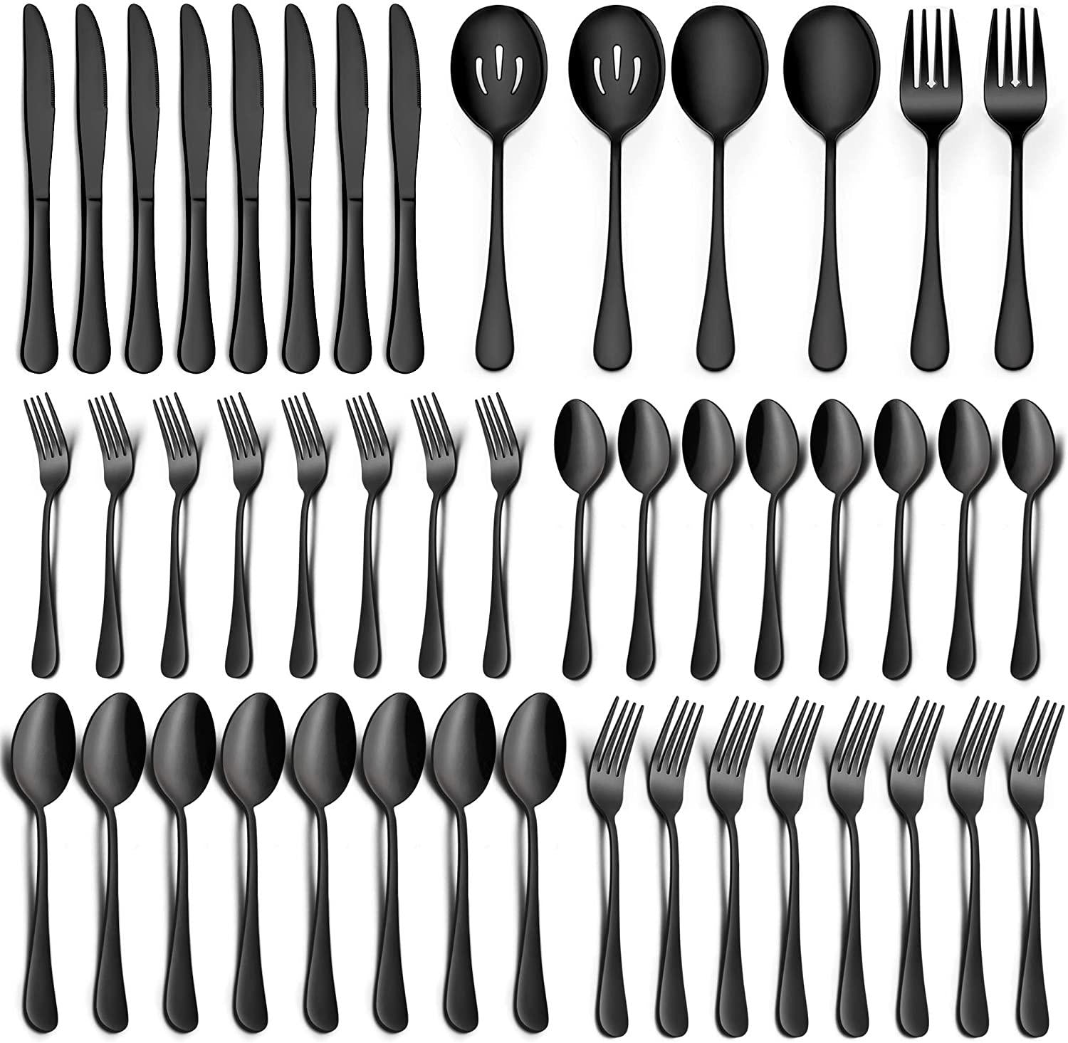 LIANYU, LIANYU 46-Piece Black Silverware Flatware Set for 8, Stainless Steel Flatware with Serving Utensils, Elegant Cutlery Tableware Includes Forks Spoons Knives, Mirror Polished