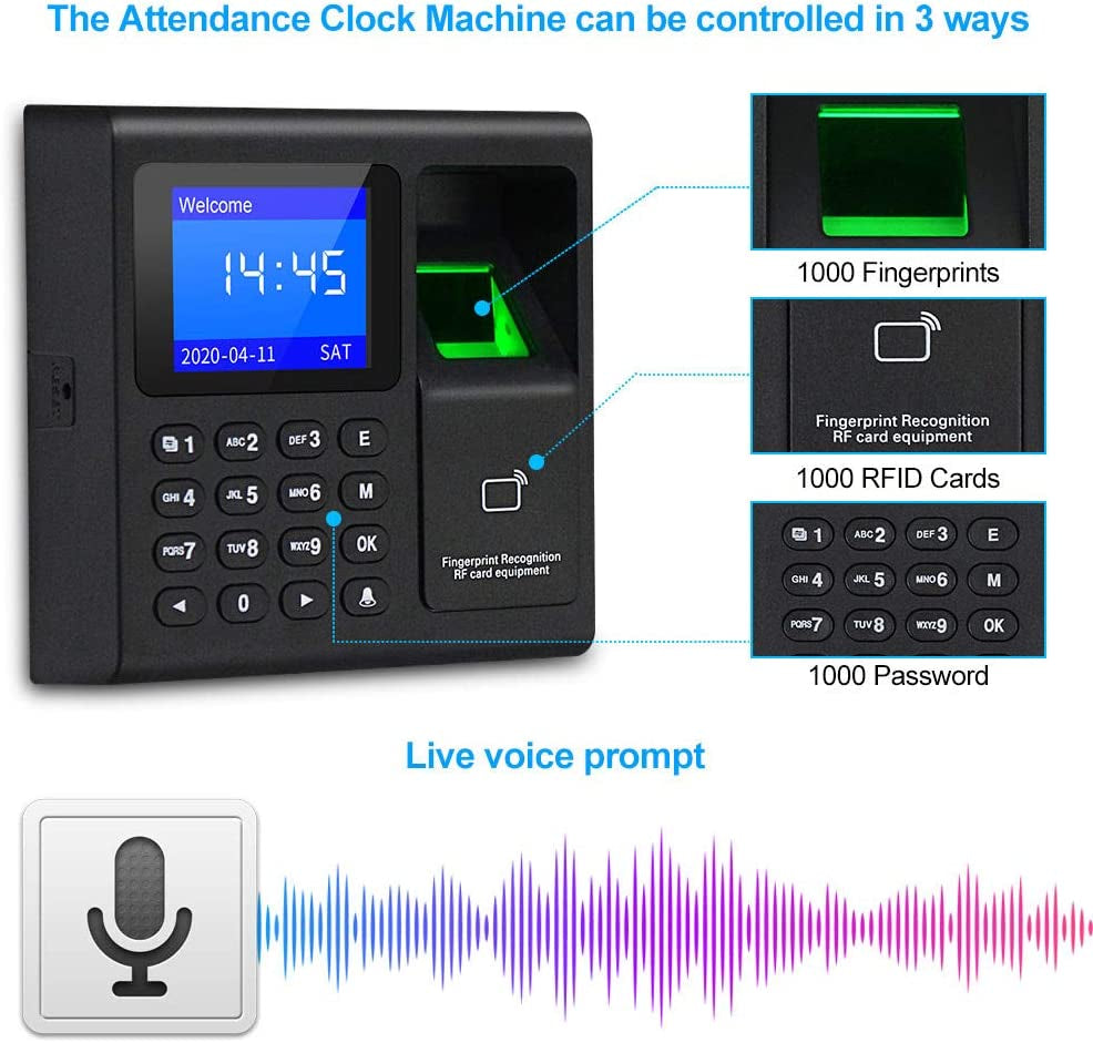 LIBO Smart Home, LIBO Intelligent Biometric Fingerprint Time Attendance Machine Time Clock Recorder Employee Check-In Device Access Control Keypad with RFID Key Fobs