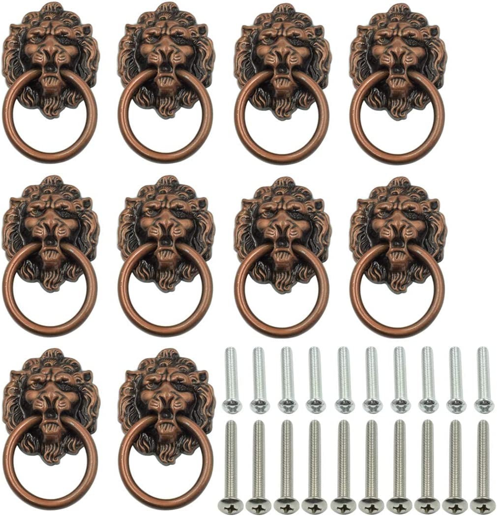 LICTOP, LICTOP 10 Pack 1.57 X 2.64 Inch Lion Head Knob Pull Handle for Dresser Drawer Cabinet Jewelry Box with Drawer Ring Antique Door Pulls Handle Knobs(Copper Tone)