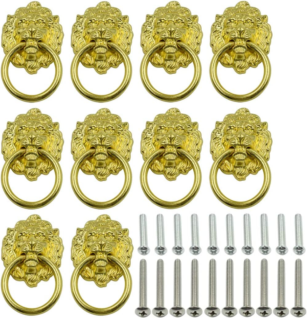 LICTOP, LICTOP 10 Pack 1.57 X 2.64 Inch Lion Head Knob Pull Handle for Dresser Drawer Cabinet Jewelry Box with Drawer Ring Antique Door Pulls Handle Knobs(Gold)