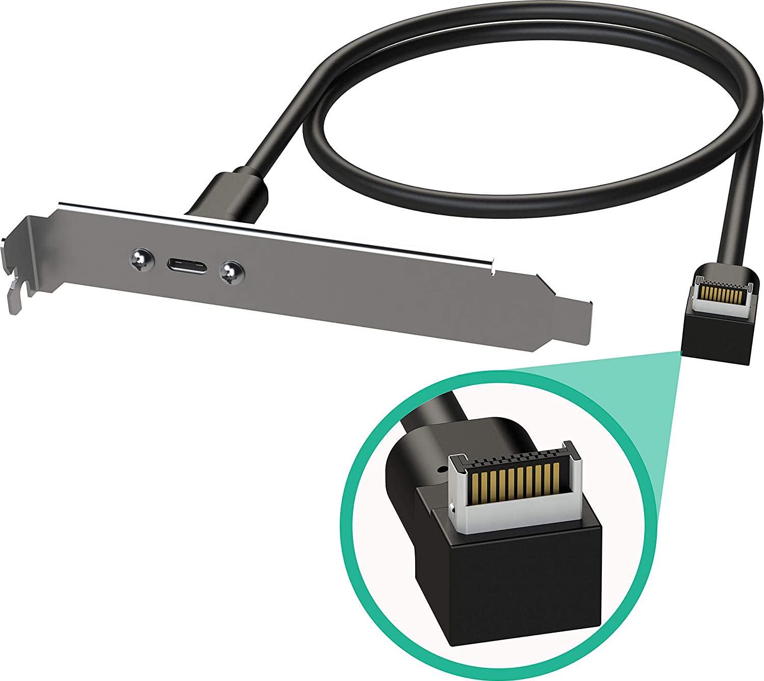 LINKUP, LINKUP - USB3.2 Gen2 2x2 20Gbps USB-C Type Internal Panel Cable Mount Motherboard Header Extension Adapter 20-Pin A-Key Male with Cover to USB-C Female Connector with PCI Bracket - Right Angle - 60cm