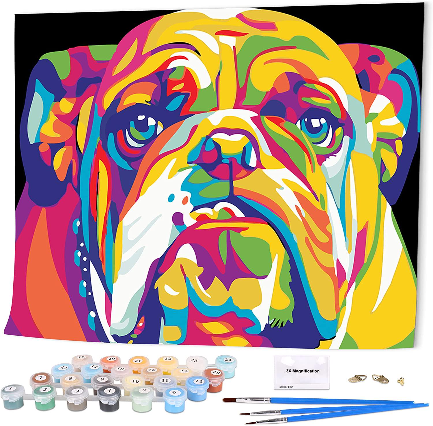 LIUDAO, LIUDAO Paint by Number Painting Kit for Kids Adults with 3 Brushes Cat and Tiger 16x20 Inch Without Frame, Colorful Dog, Frameless