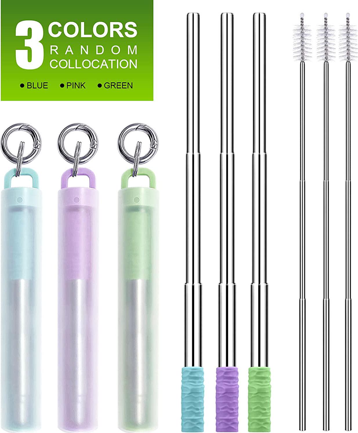LOIVFET, LOIVFET Metal Straws 3 Pack Reusable Collapsible Stainless Steel Straw Portable Telescopic Straws Drinking Easy to Clean with Silicone Tips,Travel Case,Keychain,Cleaner Brush(Green and Blue and Purple)