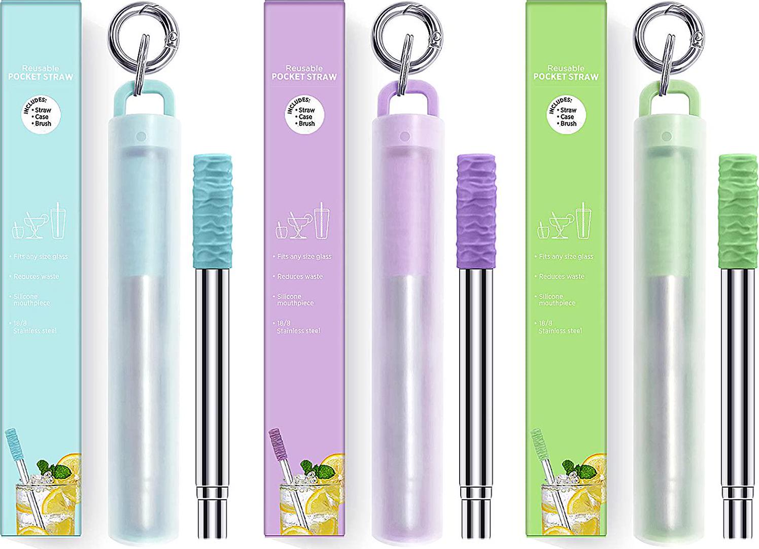 LOIVFET, LOIVFET Metal Straws 3 Pack Reusable Collapsible Stainless Steel Straw Portable Telescopic Straws Drinking Easy to Clean with Silicone Tips,Travel Case,Keychain,Cleaner Brush(Green and Blue and Purple)