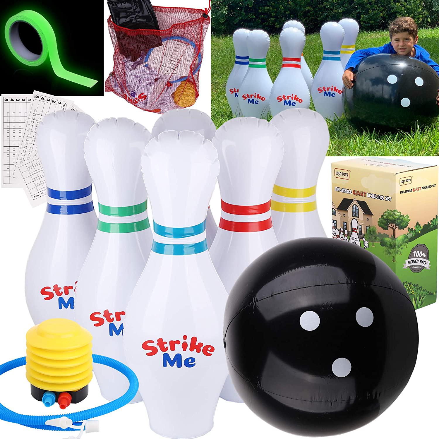 LOLO TOYS, LOLO TOYS Inflatable Bowling Set, 6 Huge Life Size Large Jumbo 24 Inch Pins and Extra Big 24 Inch Ball, 1 Pump, Scorer Board, 1 Mesh Bag, Vinyl Patch, Glow Tape